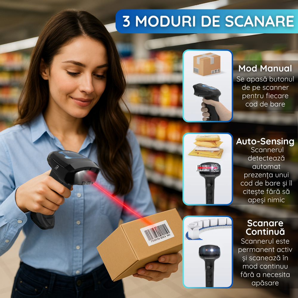 Scanner Coduri de Bare Wireless 1D/2D/QR – USB, Auto Scan, Compatibil PC, Android & iOS, Negru [5]