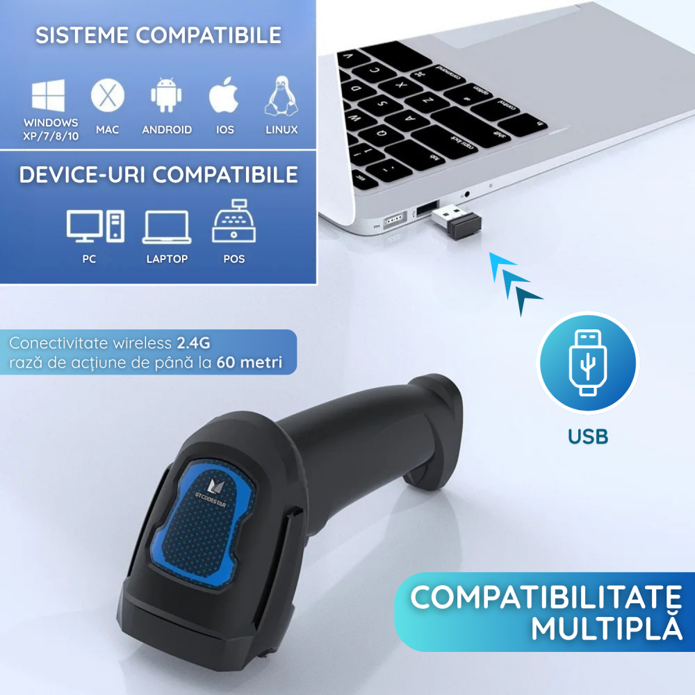 Scanner Coduri de Bare Wireless 1D/2D/QR – USB, Auto Scan, Compatibil PC, Android & iOS, Negru [6]