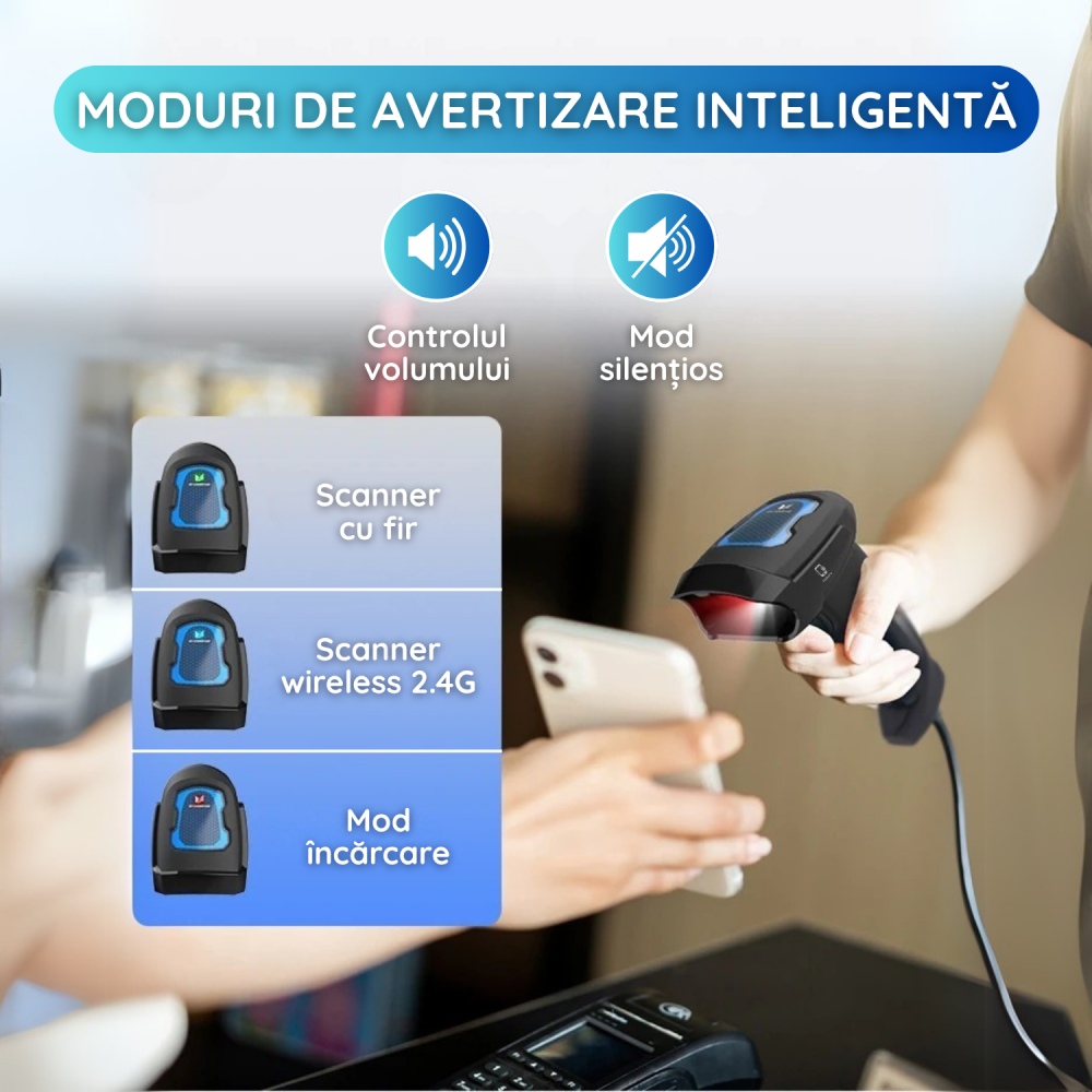 Scanner Coduri de Bare Wireless 1D/2D/QR – USB, Auto Scan, Compatibil PC, Android & iOS, Negru [7]