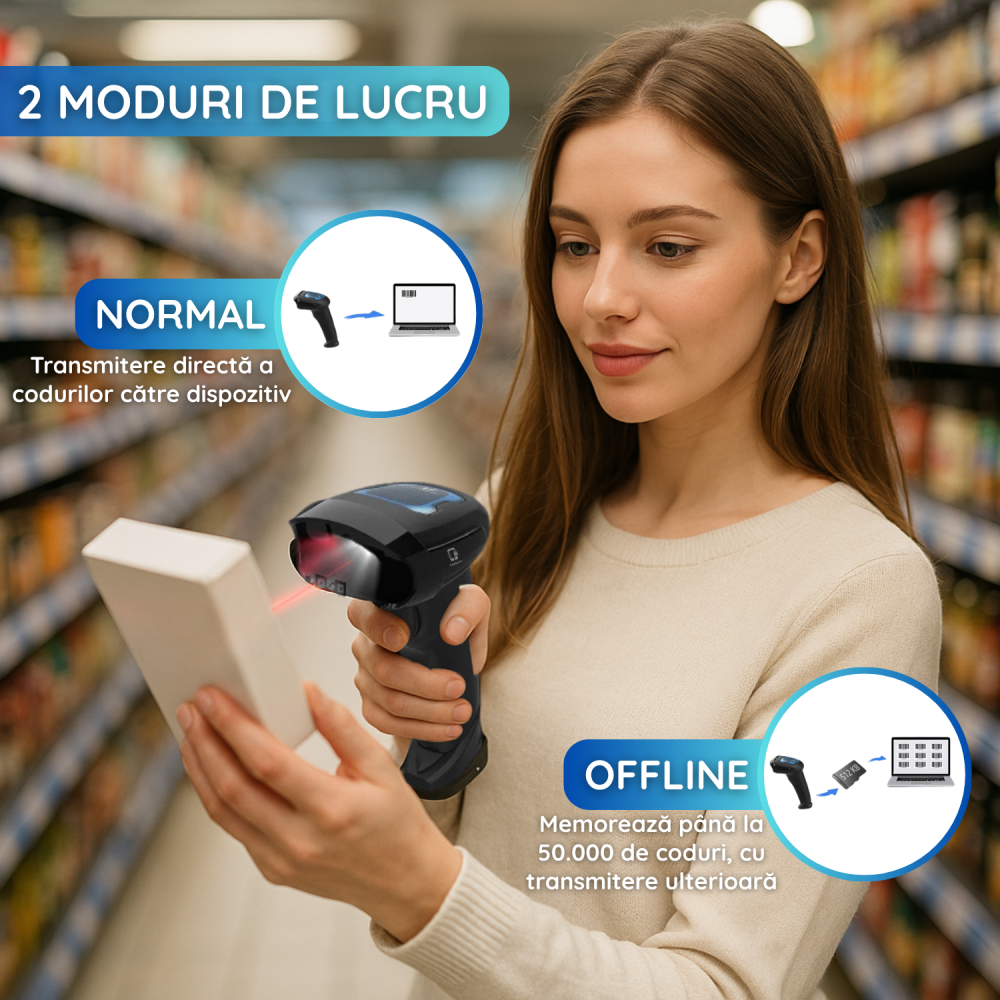 Scanner Coduri de Bare Wireless 1D/2D/QR – USB, Auto Scan, Compatibil PC, Android & iOS, Negru [3]