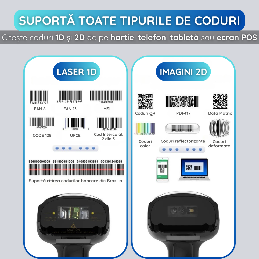 Scanner Coduri de Bare Wireless 1D/2D/QR – USB, Auto Scan, Compatibil PC, Android & iOS, Negru [4]