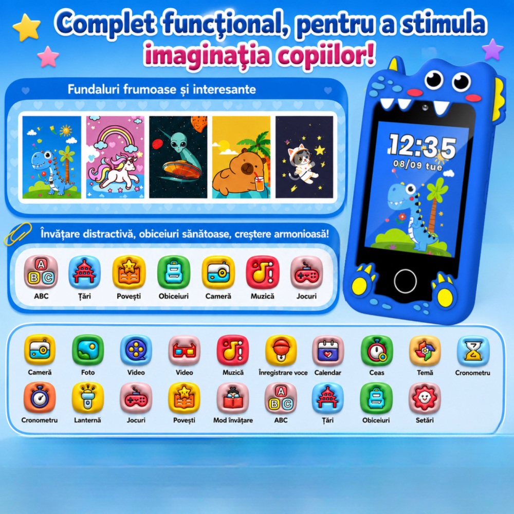 Telefon Inteligent Copii Dinozaur Albastru cu Camera si Jocuri [6]