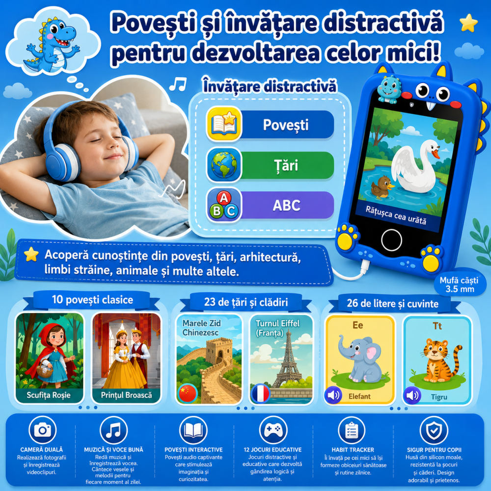 Telefon Inteligent Copii Dinozaur Albastru cu Camera si Jocuri [5]