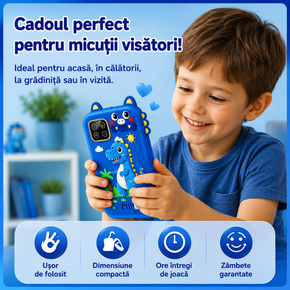 Telefon Inteligent Copii Dinozaur Albastru cu Camera si Jocuri [9]