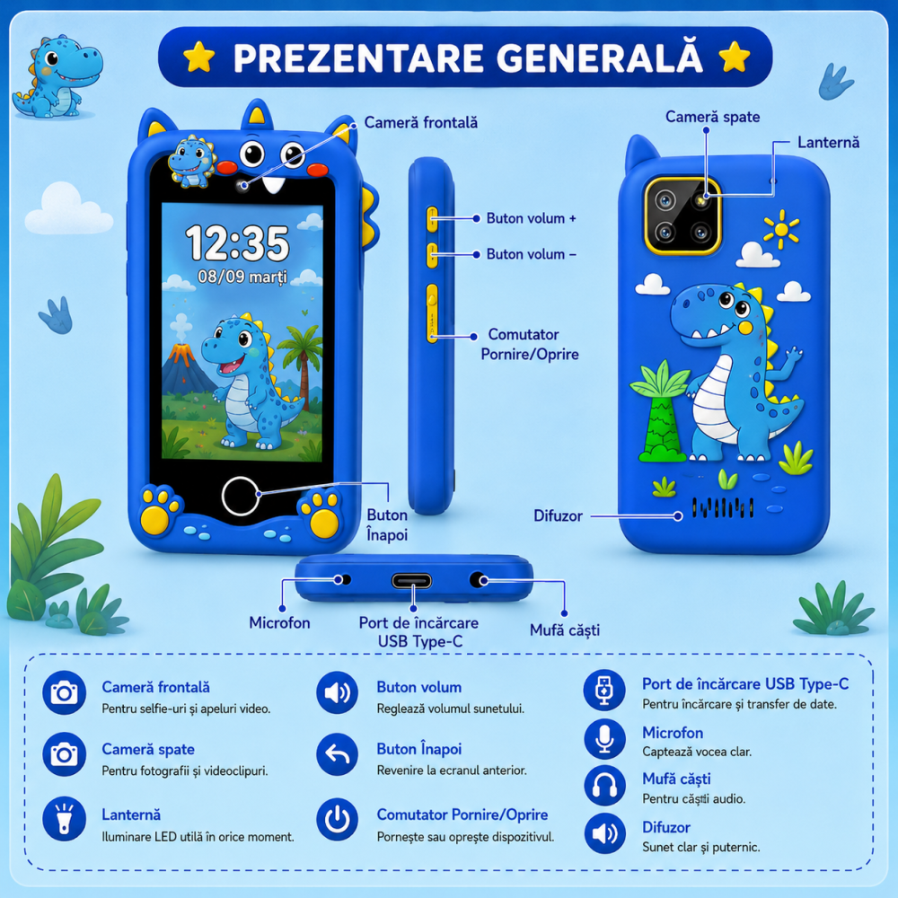 Telefon Inteligent Copii Dinozaur Albastru cu Camera si Jocuri [10]