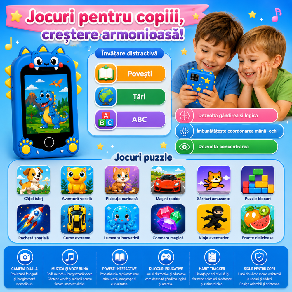Telefon Inteligent Copii Dinozaur Albastru cu Camera si Jocuri [4]