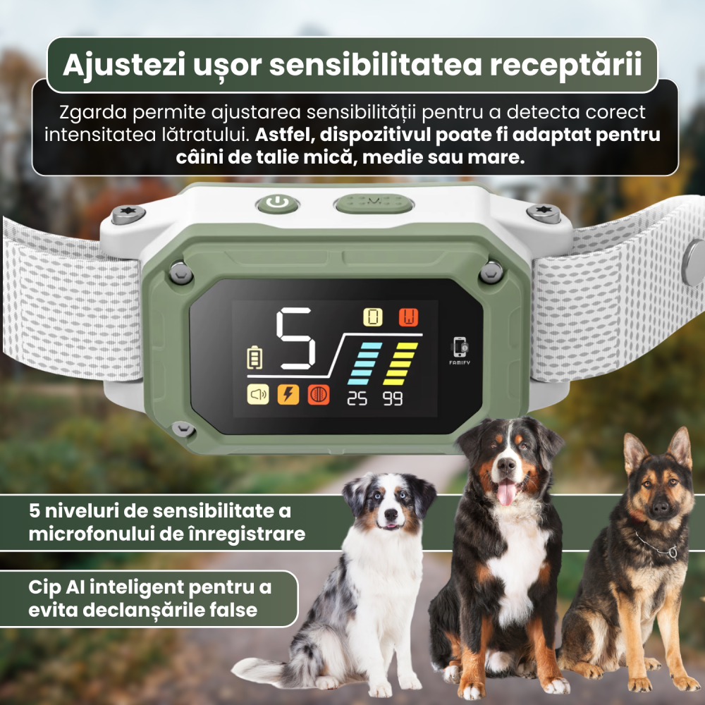 Zgardă antilătrat pentru câini FAMIFY, inteligentă, cu sunet, vibrație și impuls, IPX7, gri [4]