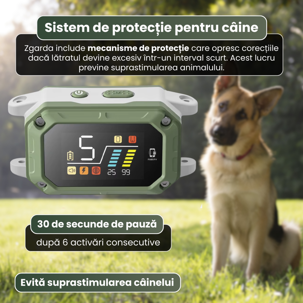 Zgardă antilătrat pentru câini FAMIFY, inteligentă, cu sunet, vibrație și impuls, IPX7, gri [9]