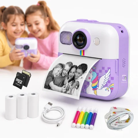 Camera Foto Instant Copii FAMIFY Mov, Printare Instant Fara Cerneala, 48MP, Full HD 1080P, Card 64GB, Jocuri Educative