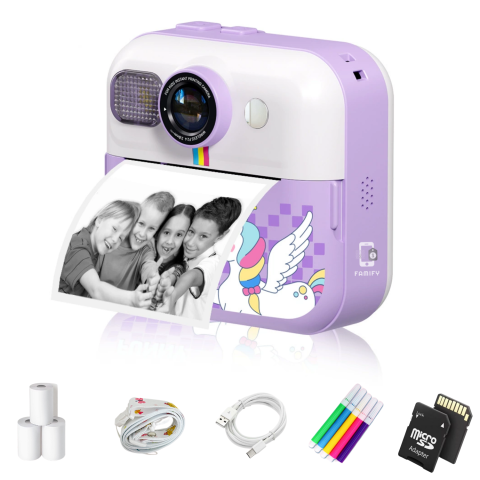 Aparate foto instant - Cameră Foto Instant pentru Copii Famify Mov – 48MP, Full HD, Jocuri Educative, Cadou Ideal