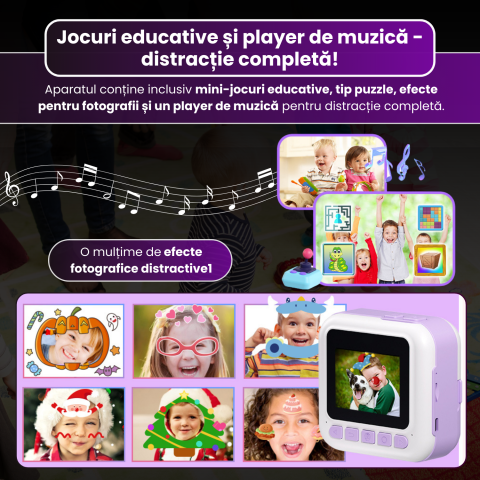 Cameră Foto Instant pentru Copii Famify Mov – 48MP, Full HD, Jocuri Educative, Cadou Ideal [6]
