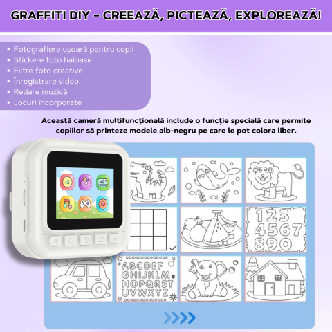 Cameră Foto Instant pentru Copii Famify Alb – 48MP, Full HD, Jocuri Educative, Cadou Ideal [3]