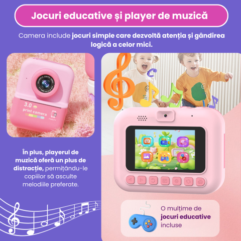 Cameră Foto Instant Tip Polaroid pentru Copii Famify – 48MP, Video HD, Imprimare Termică, Set Cadou Roz [6]