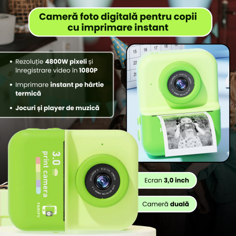 Cameră Foto Instant Tip Polaroid pentru Copii Famify – 48MP, Video HD, Imprimare Termică, Set Cadou Verde [2]