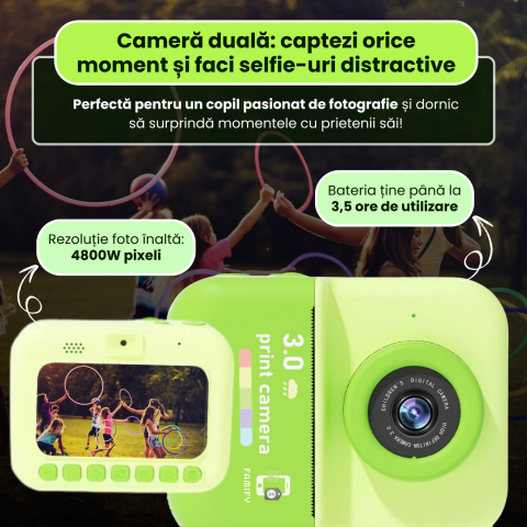 Cameră Foto Instant Tip Polaroid pentru Copii Famify – 48MP, Video HD, Imprimare Termică, Set Cadou Verde [4]