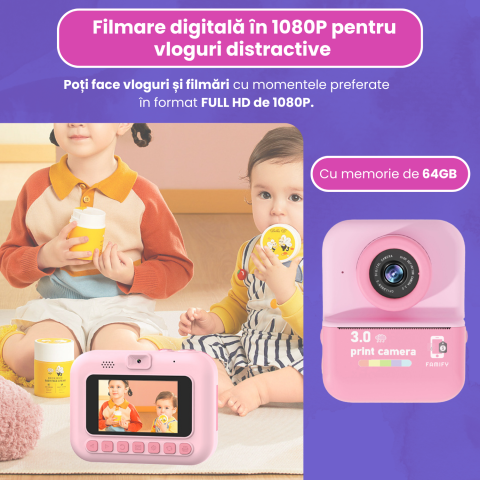 Cameră Foto Instant Tip Polaroid pentru Copii Famify – 48MP, Video HD, Imprimare Termică, Set Cadou Roz [4]