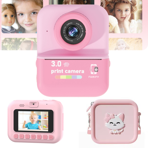 Aparate foto instant - Cameră Foto Instant Tip Polaroid pentru Copii Famify – 48MP, Video HD, Imprimare Termică, Set Cadou Roz