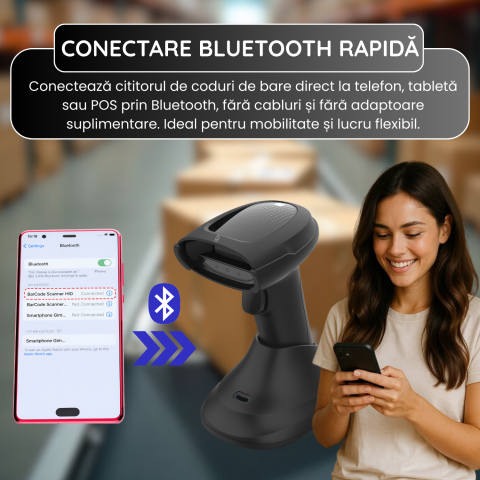 Cititor coduri de bare 1D/2D/QR Wireless – 2.4G + Bluetooth + USB, Auto Scan – POS/Retail/Depozit, Negru [2]