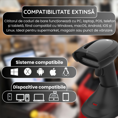 Cititor coduri de bare 1D/2D/QR Wireless – 2.4G + Bluetooth + USB, Auto Scan – POS/Retail/Depozit, Negru [3]
