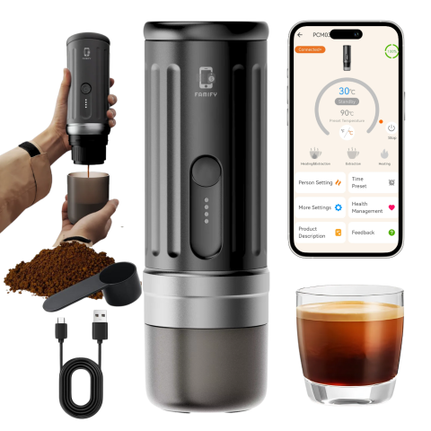 Espressoare portabile - Espressor Portabil Famify 20 Bari, Compatibil Capsule Nespresso & Cafea Măcinată, Baterie 13500 mAh, Încălzire Rapidă 92°C, Control prin Aplicație, Design Compact – Negru