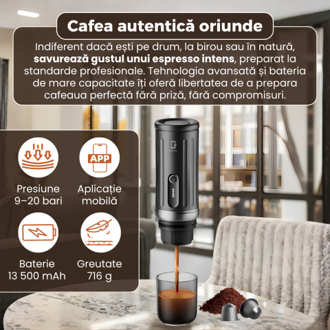 Espressor Portabil Famify 20 Bari, Compatibil Capsule Nespresso & Cafea Măcinată, Baterie 13500 mAh, Încălzire Rapidă 92°C, Control prin Aplicație, Design Compact – Negru [1]