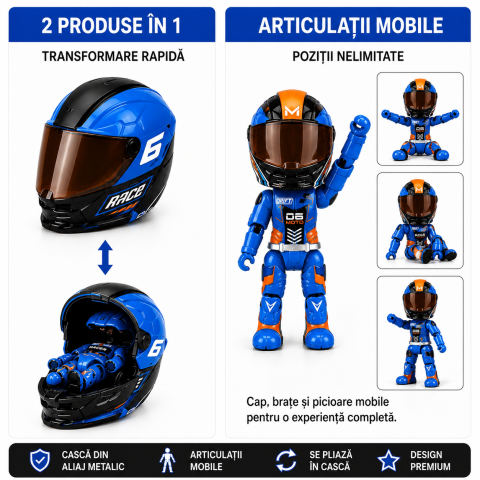 Figurină Pilot Moto FAMIFY Pocket Rider cu Cască Detașabilă Albastru-Portocaliu [5]