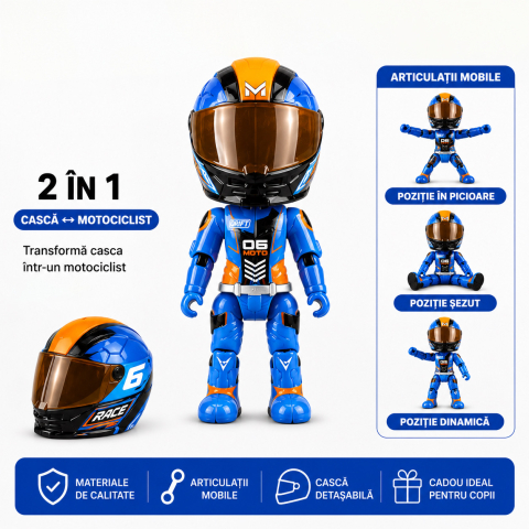 Figurină Pilot Moto FAMIFY Pocket Rider cu Cască Detașabilă Albastru-Portocaliu [2]