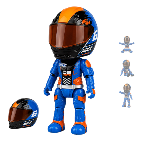 Jucării și Jocuri - Figurină Pilot Moto FAMIFY Pocket Rider cu Cască Detașabilă Albastru-Portocaliu