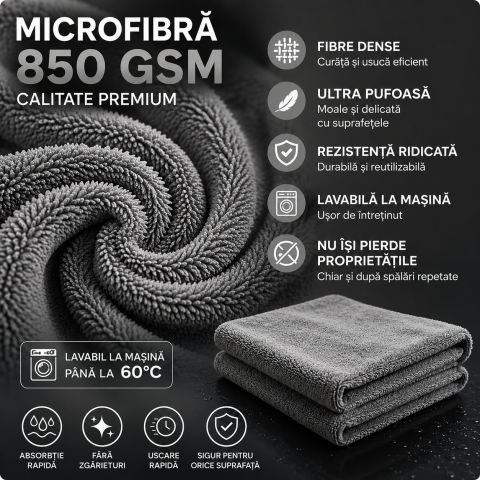 Prosop Uscare Auto Premium Microfibra 70x90 cm 850 GSM Gri [4]