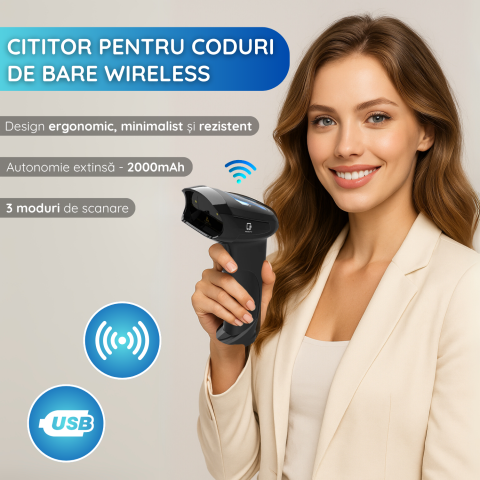Scanner Coduri de Bare Wireless 1D/2D/QR – USB, Auto Scan, Compatibil PC, Android & iOS, Negru [1]