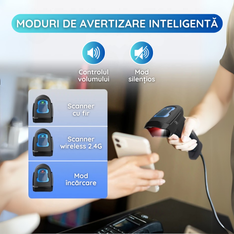 Scanner Coduri de Bare Wireless 1D/2D/QR – USB, Auto Scan, Compatibil PC, Android & iOS, Negru [6]