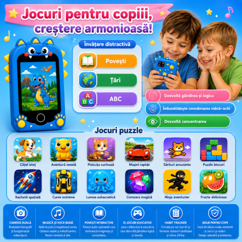 Telefon Inteligent Copii Dinozaur Albastru cu Camera si Jocuri [3]