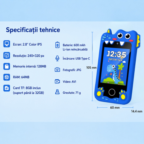 Telefon Inteligent Copii Dinozaur Albastru cu Camera si Jocuri [10]