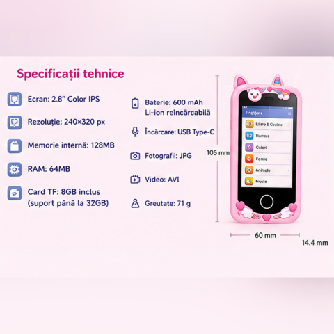 Telefon Inteligent Copii Unicorn Roz cu Camera si Jocuri [12]