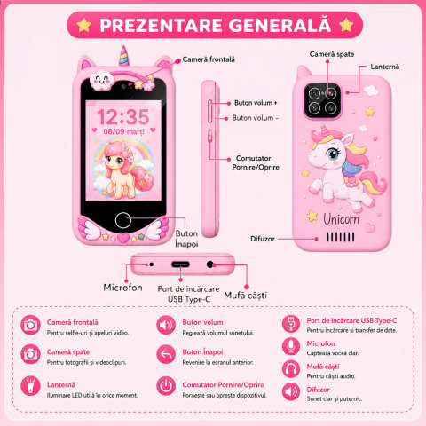 Telefon Inteligent Copii Unicorn Roz cu Camera si Jocuri [11]
