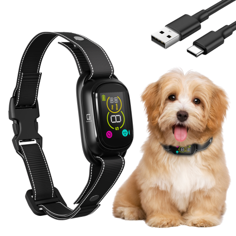 Echipament dresaj - Zgardă antilătrat pentru câini Famify, fără șocuri, cu beep și vibrație, 5 niveluri de sensibilitate, inteligentă, IPX7, negru