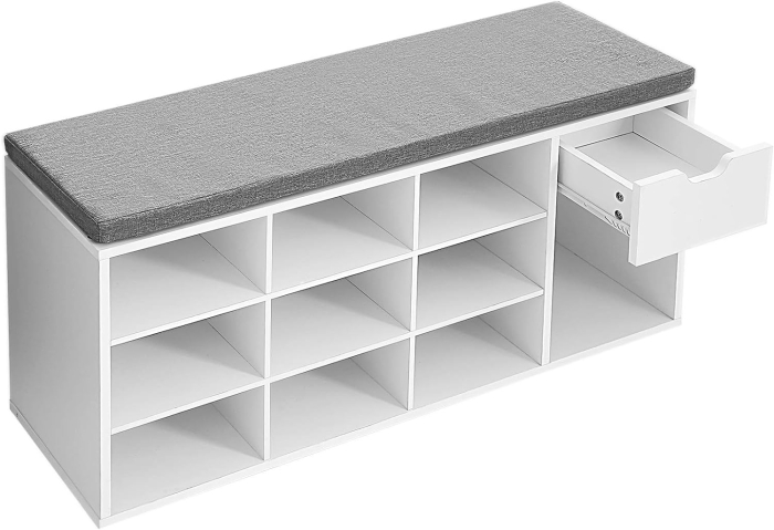 Banca de depozitare cu suport pentru pantofi, 10 compartimente si dulap, cu perna, 30x104x48cm, alb [4]