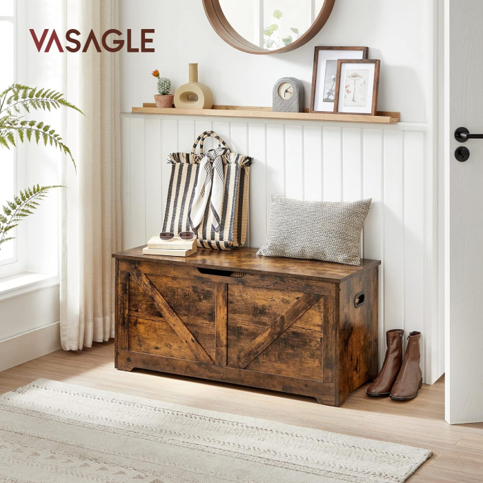 Banca de depozitare tip cufar, cu 2 balamale de siguranta, stil hambar, 40x100x46cm, maro rustic [1]