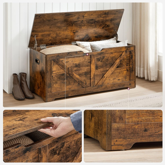 Banca de depozitare tip cufar, cu 2 balamale de siguranta, stil hambar, 40x100x46cm, maro rustic [7]