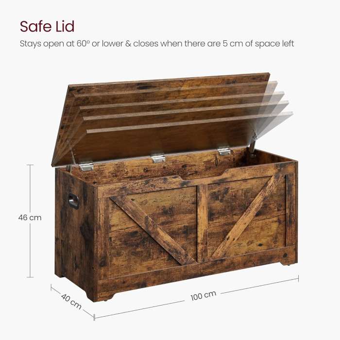 Banca de depozitare tip cufar, cu 2 balamale de siguranta, stil hambar, 40x100x46cm, maro rustic [6]