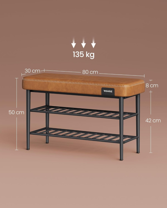 Banca pantofi 80x30x50 cm, cu rafturi si sezut tapitat, otel si piele PU, maro caramel [4]