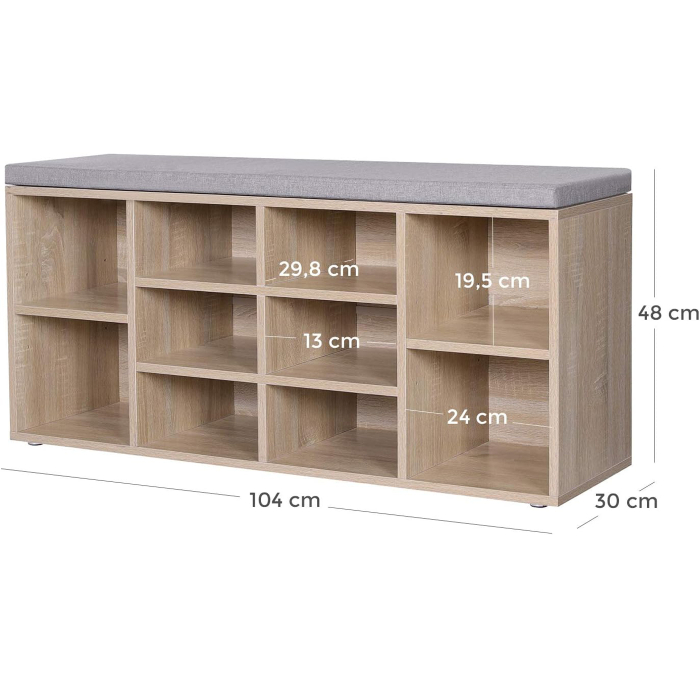 Banca pentru hol cu suport pentru pantofi, 10 compartimente, cu perna, 104x48x30cm, stejar [3]
