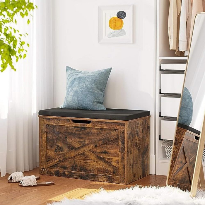 Banca pentru pantofi cu perna, tip cufar de depozitare, stil hambar, 76x40x48cm, maro rustic [5]