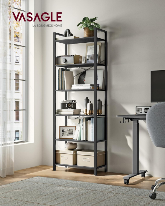 Biblioteca 6 niveluri, cu cadru metalic si rafturi PAL, 66x30x186 cm, negru [5]