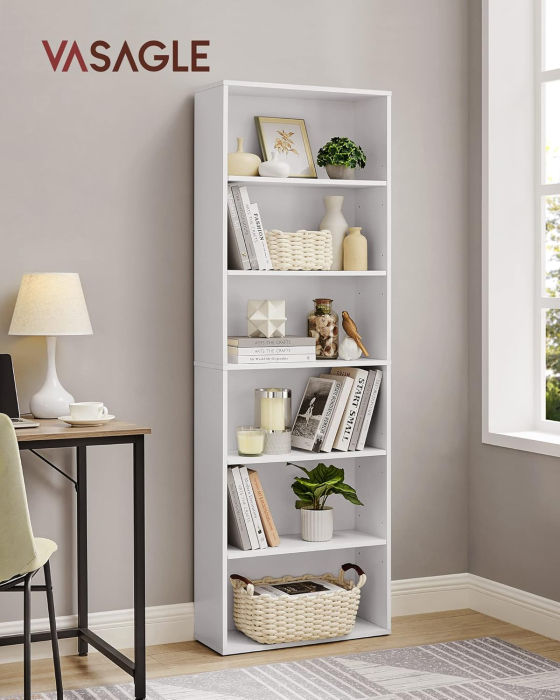 Biblioteca 6 rafturi, in stil scandinav, rafturi ajustabile, PAL, 60x24x179 cm, alb [5]