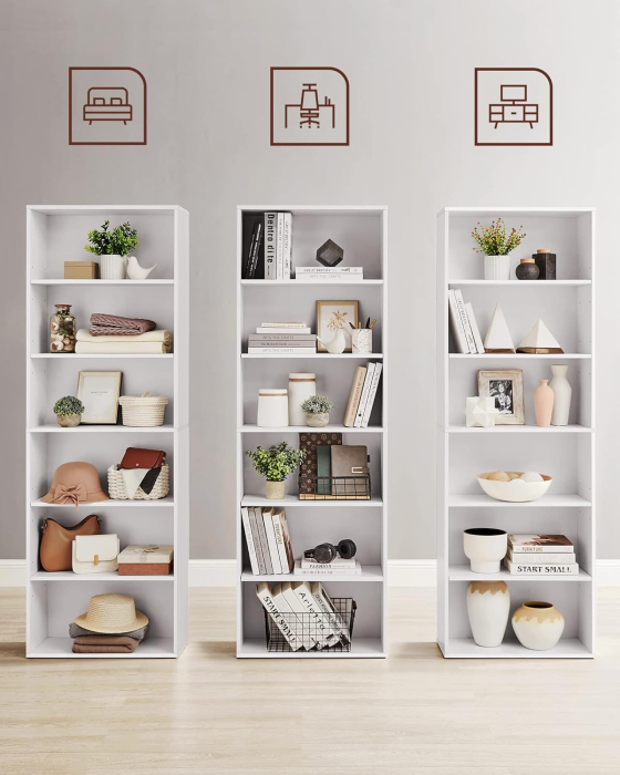 Biblioteca 6 rafturi, in stil scandinav, rafturi ajustabile, PAL, 60x24x179 cm, alb [4]