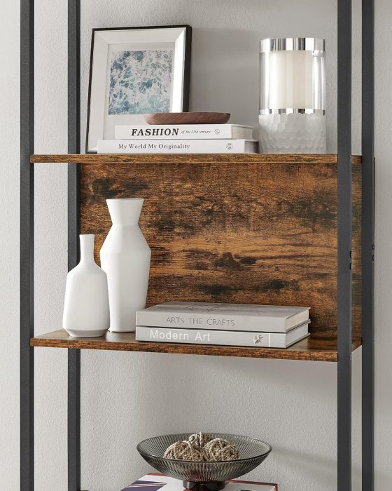 Biblioteca 60x24x186 cm, 6 rafturi, stil industrial, PAL si otel, maro rustic-negru [5]