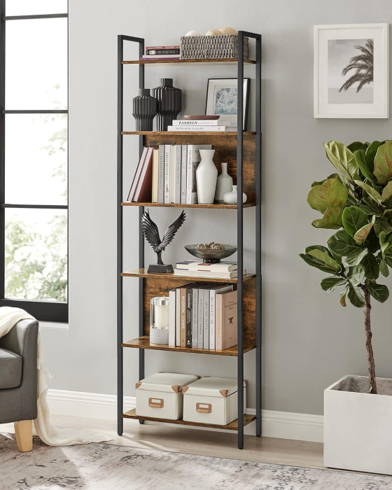Biblioteca 60x24x186 cm, 6 rafturi, stil industrial, PAL si otel, maro rustic-negru [3]