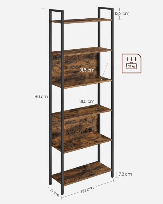 Biblioteca 60x24x186 cm, 6 rafturi, stil industrial, PAL si otel, maro rustic-negru [2]