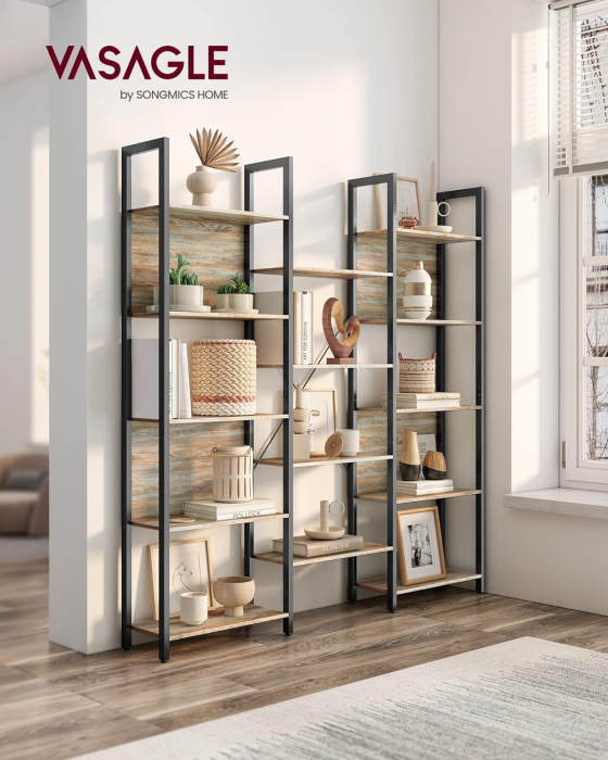 Biblioteca cu 14 rafturi din lemn, cadru metalic, 24x158x166cm, stil industrial, stejar si negru [1]